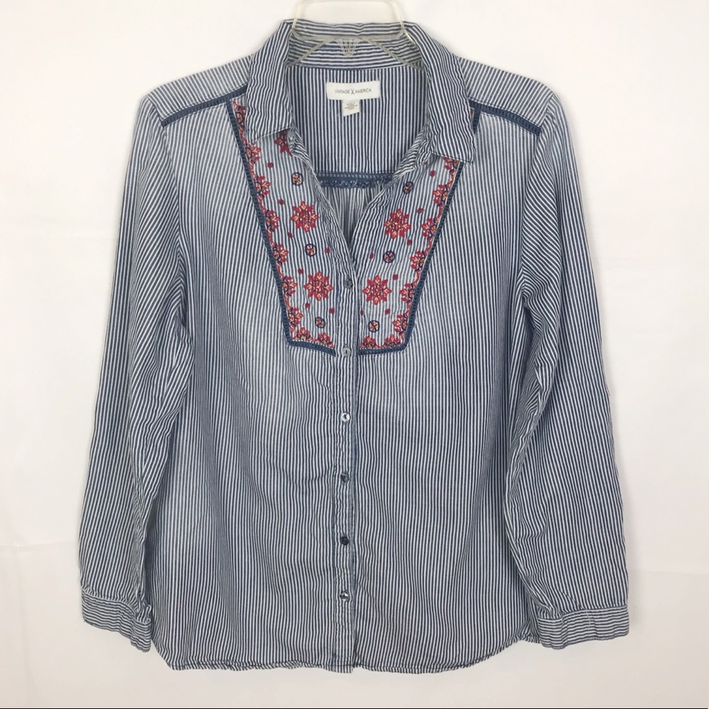 Vintage America Julip Striped Top w/Embroidery-Med - Picture 2 of 7